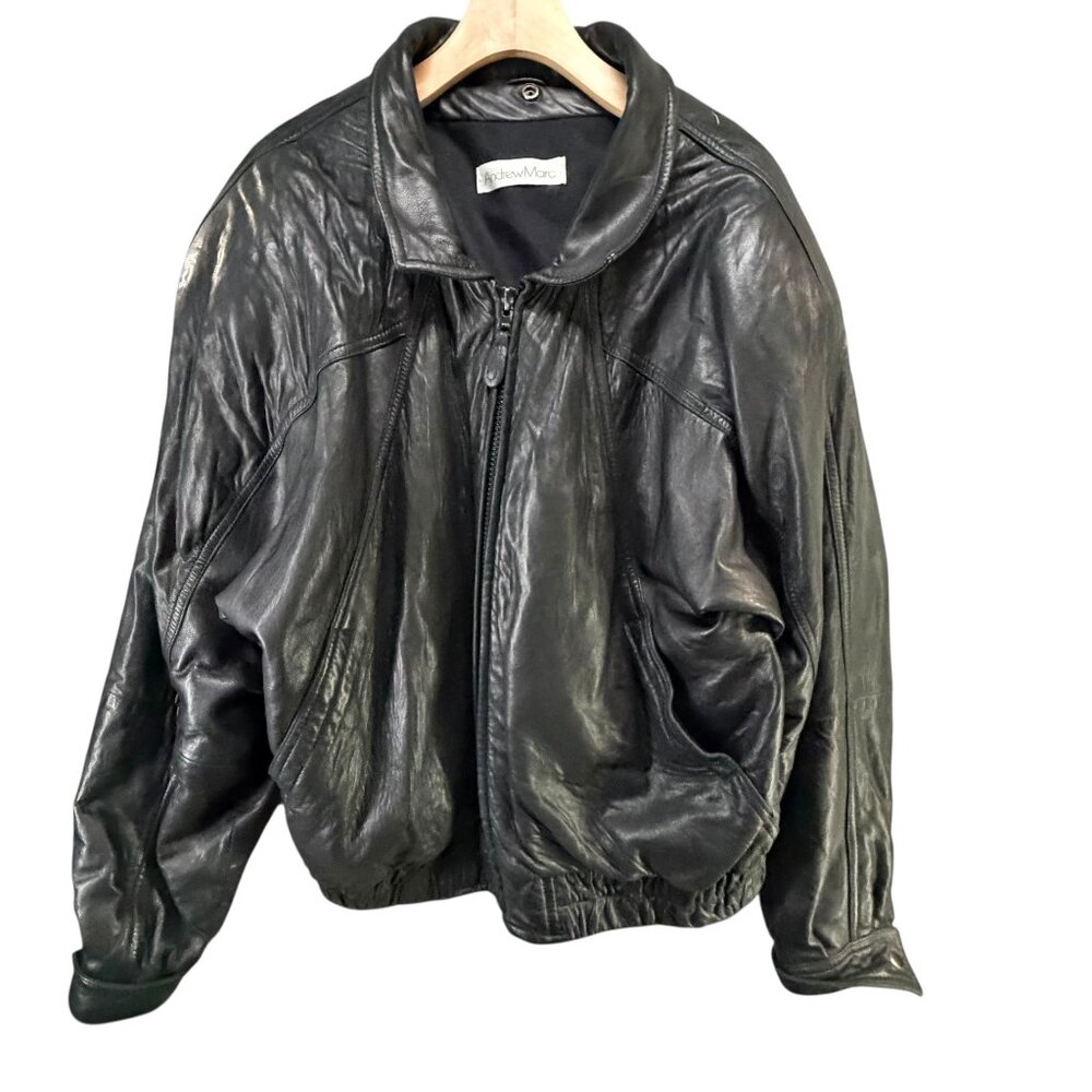 Andrew‎ Marc Vintage Leather Bomber Jacket Black Zip Front Size XL Classic